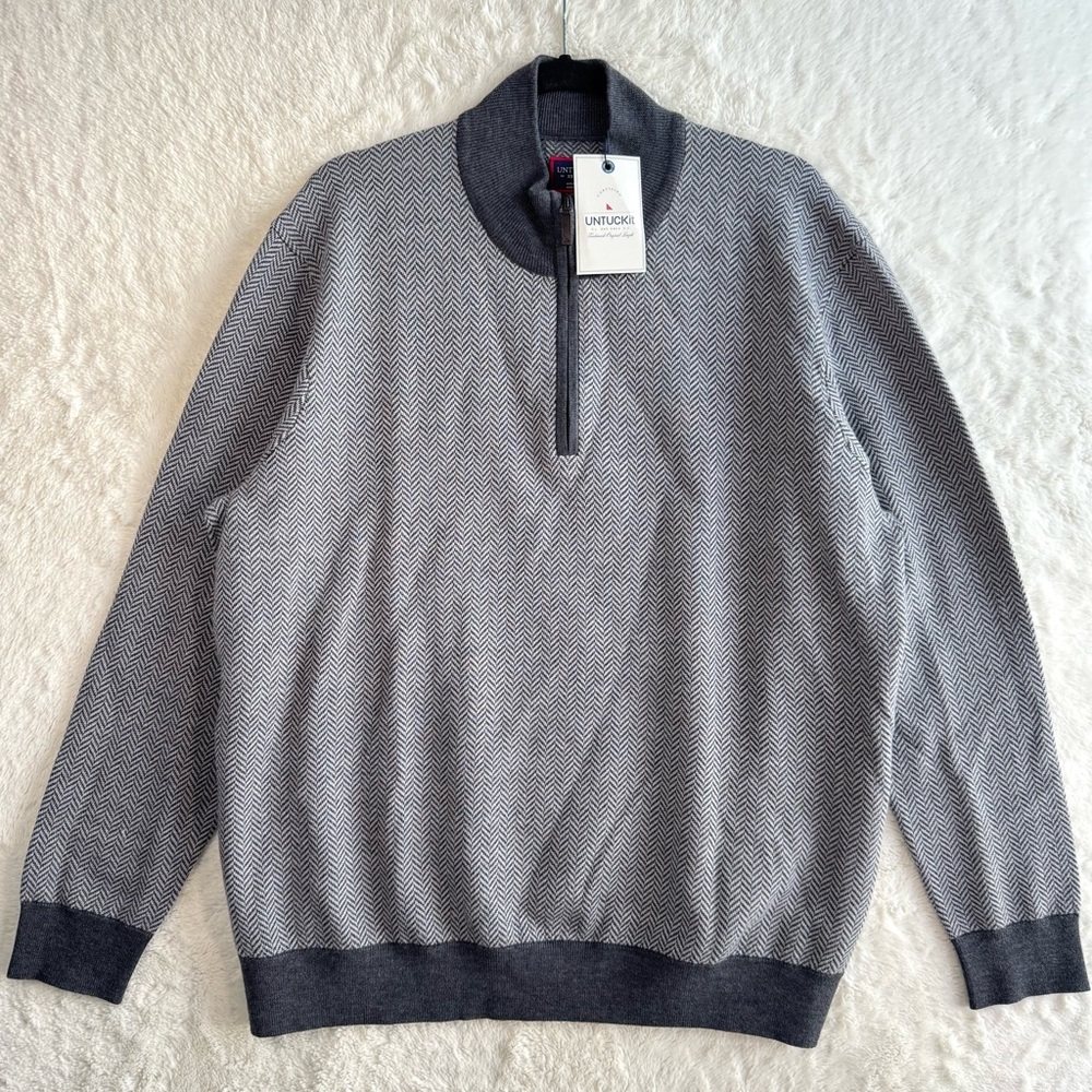 UNTUCKit Belguardo Herringbone Quarter Zip Mens XXL Gray Merino Wool Classic NEW